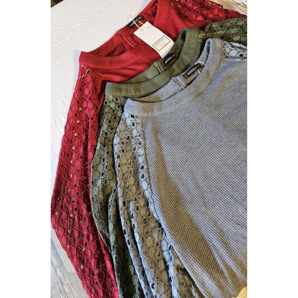 MIHOLL Women's XXL Waffle Knit Lace Sleeve Tops Bundle 3 Gray Olive Burgundy NWT